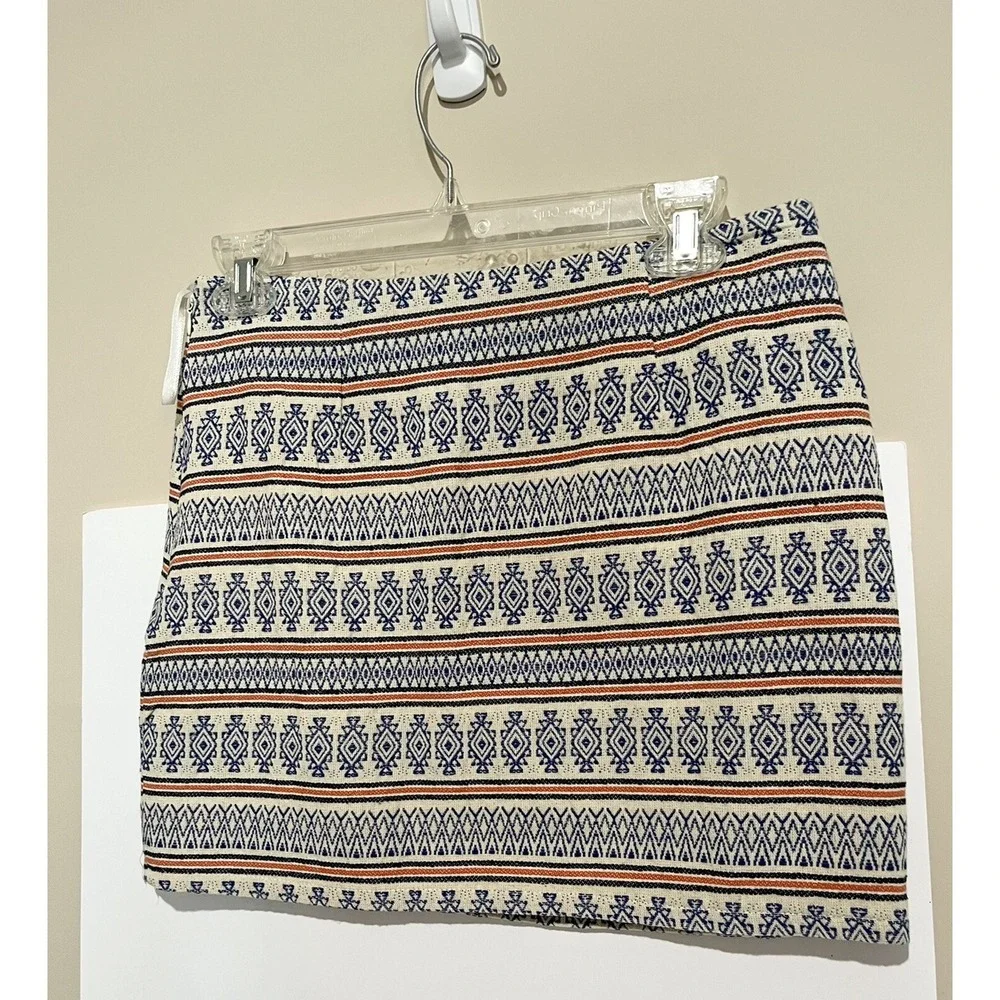 Miami | Mini Skirt Woven Cotton Aztec Print Cream Blue Orange, Lined, Size Small